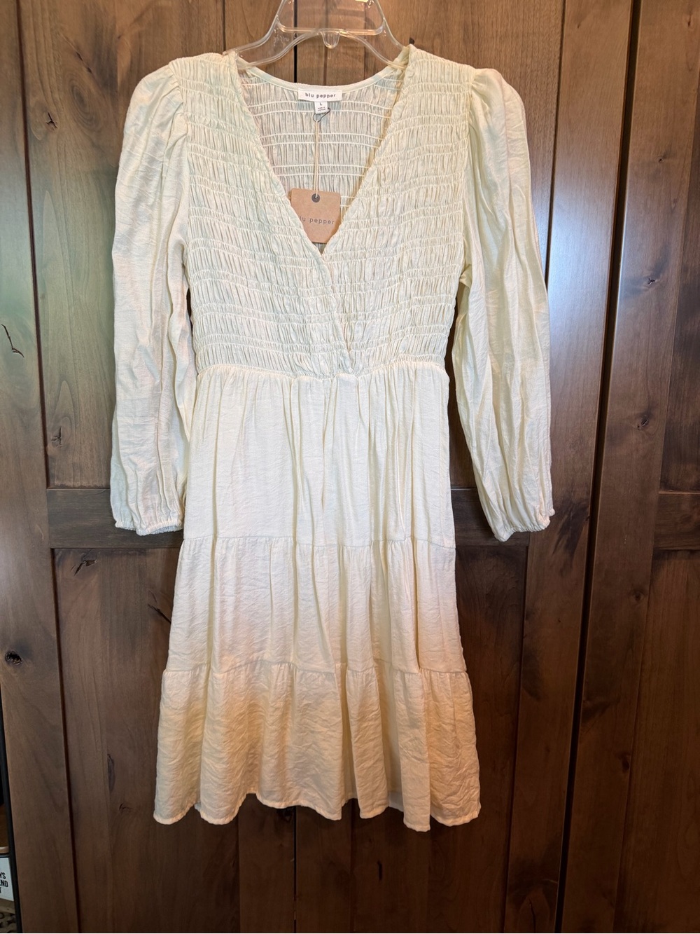 Blu Pepper Cream Long-Sleeve Smocked V-Neck Tiered Dress